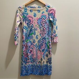 Lilly Pulitzer Shift Dress XS Multi Color Print Boat Neck 3/4 Sleeve